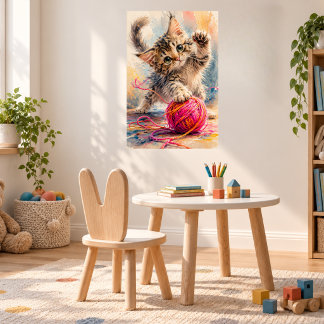 Póster Gatito jugando con hilo rosa Amante de los gatos