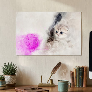 Póster Gatito jugando con una bola de hilo rosa acuarela