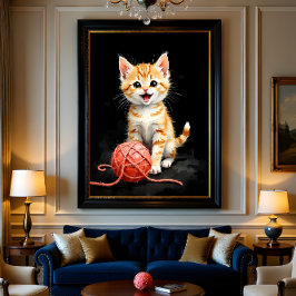 Póster Gatito Juguetón con Estampa de Acuarela de Hilo