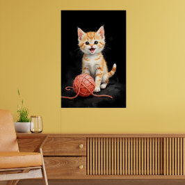 Póster Gatito Juguetón con Estampa de Acuarela de Hilo