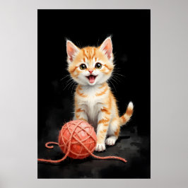 Póster Gatito Juguetón con Estampa de Acuarela de Hilo