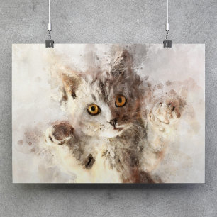 Póster Gatito Juguetón de Acuarela con Ojos Brillantes de