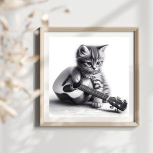 Póster Gatito lindo con retrato de lápiz de guitarra acús