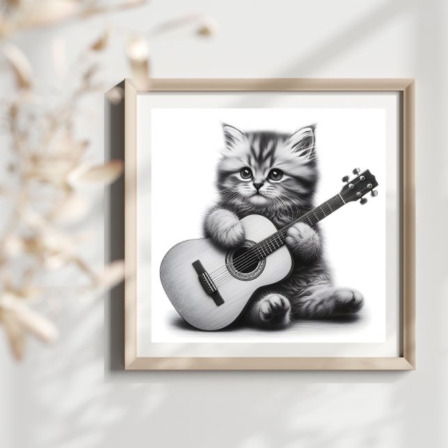 Póster Gatito lindo con retrato de lápiz de guitarra acús (Subido por el creador)