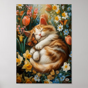 Póster Gatito lindo en las flores de primavera - Día perf