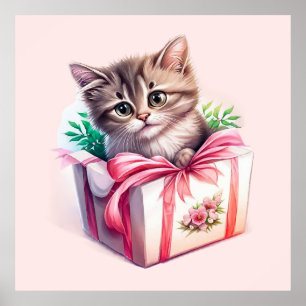 Póster Gatito lindo en un regalo de cumpleaños de caja
