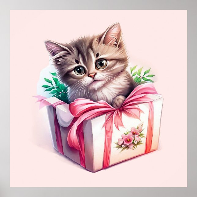 Póster Gatito lindo en un regalo de cumpleaños de caja (Frente)