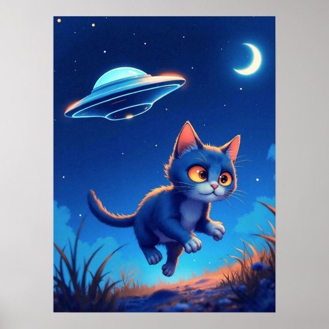 Póster Gatito lindo perseguido por un OVNI (Frente)