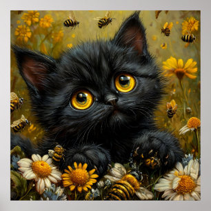 Póster Gatito negro adorable entre flores