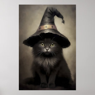 Póster Gatito negro con estampado de sombrero de bruja, g