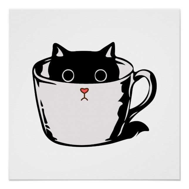 Póster Gatito negro con nariz roja escondido en una taza (Anverso)