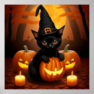 Póster Gatito negro con sombrero de bruja entre calabazas