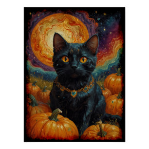 Póster Gatito negro de Halloween y calabaza