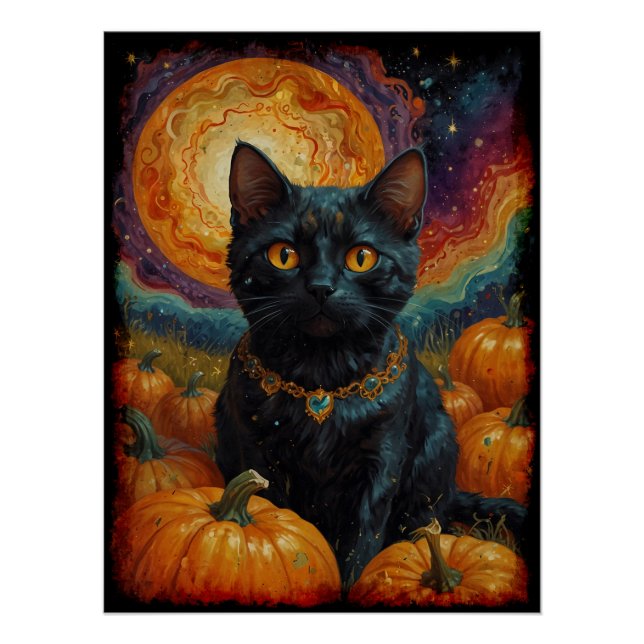 Póster Gatito negro de Halloween y calabaza (Anverso)