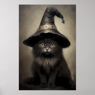 Póster Gatito Negro En Un Sombrero De Bruja Estampa, Gato
