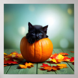 Póster Gatito Negro En Una Calabaza