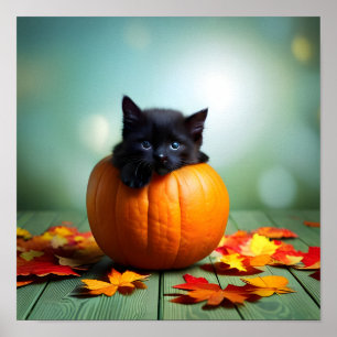 Póster Gatito Negro En Una Calabaza