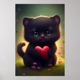 Póster Gatito negro lindo con corazón y flores