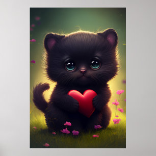 Póster Gatito negro lindo con corazón y flores