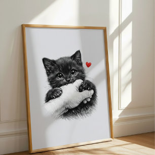 Póster Gatito negro lindo mordiendo la mano con amor oír