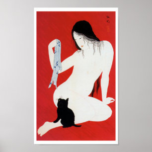 Póster Gatito negro y mujer, Takahashi Shotei