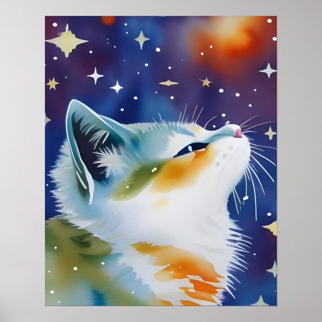 Póster Gatito Nocturno Estrellado Acuarela  (Frente)
