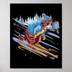 Póster Gatito patinando por una pendiente nevada divertid