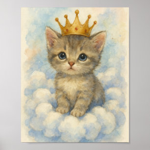 Póster Gatito Real Caprichoso con Corona en Nube