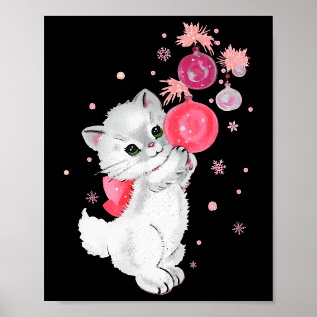 Póster Gatito Retro Gatito Juega Con Ornamen De Navidades (Frente)