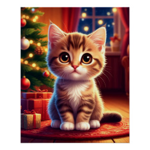 Póster Gatito sentado junto al árbol de Navidad brillante