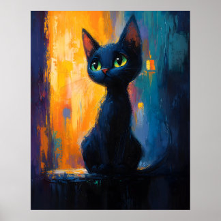 Póster Gatito Soñador, Pintura de Gato Negro
