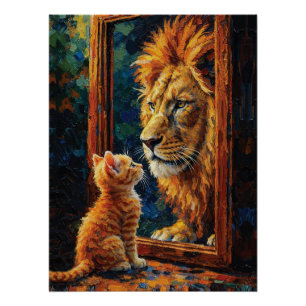 Póster Gatito Viendo Reflejo de León Motivacional Impasto