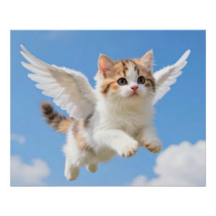 Póster Gatito Volador Adorable Calico Tabby Cielo Azul