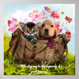 Póster Gatito y cachorro viajando en una bolsa