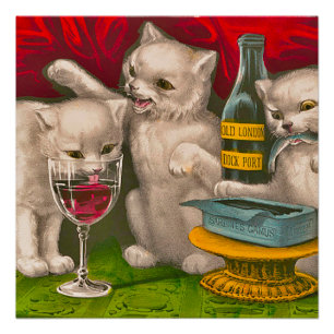 Póster Gatitos bebiendo y comiendo pescado de sardina