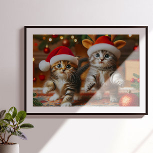 Póster Gatitos con Santa Claus y gorras de renos 3