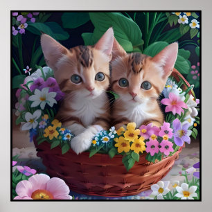 Póster Gatitos curiosamente curados en una cesta de flore