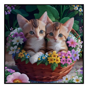 Póster Gatitos curiosamente curados en una cesta de flore