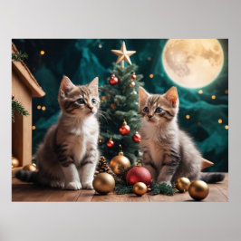 Póster Gatitos festivos por árbol de Navidad bajo la luna