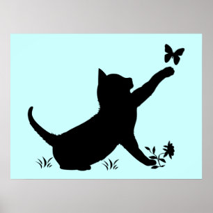 Póster Gatitos que juegan con las mariposas en siluetas