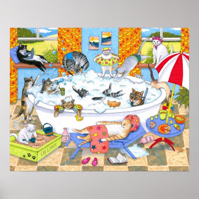 Póster Gato 601 gatos graciosos en baño (Frente)