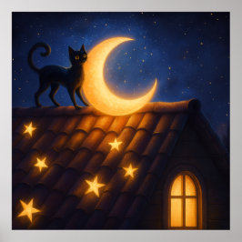 Póster Gato a la luz de la luna en tejado estrellado