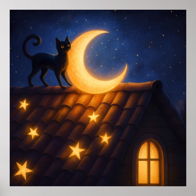 Póster Gato a la luz de la luna en tejado estrellado (Frente)