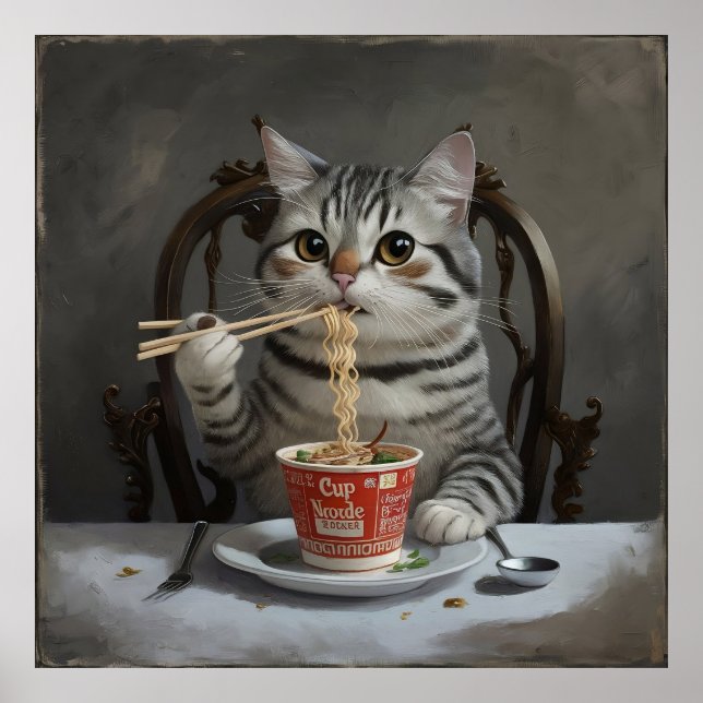 Póster Gato a rayas disfrutando de fideos de la copa (Frente)