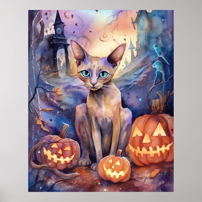 Póster Gato abisano de Halloween con calabazas aterradora (Frente)