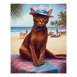 Póster gato abisinio en la playa, regalo de verano para a