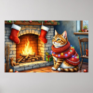 Póster Gato abisinio sentado junto a la chimenea en Navid