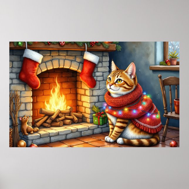 Póster Gato abisinio sentado junto a la chimenea en Navid (Frente)