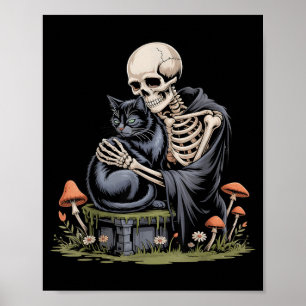 Póster Gato abrazando esqueleto en Halloween gótico negro