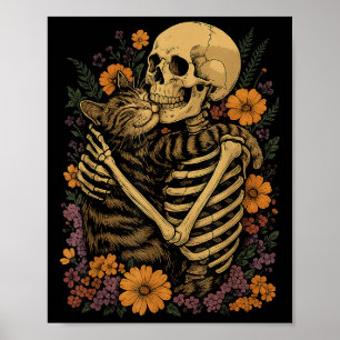 Póster Gato abrazando esqueleto floral Halloween amante d
